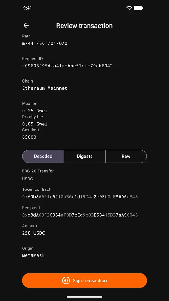 Keycard Pal reviewing an Ethereum transaction: chain, amount, recipient and fees